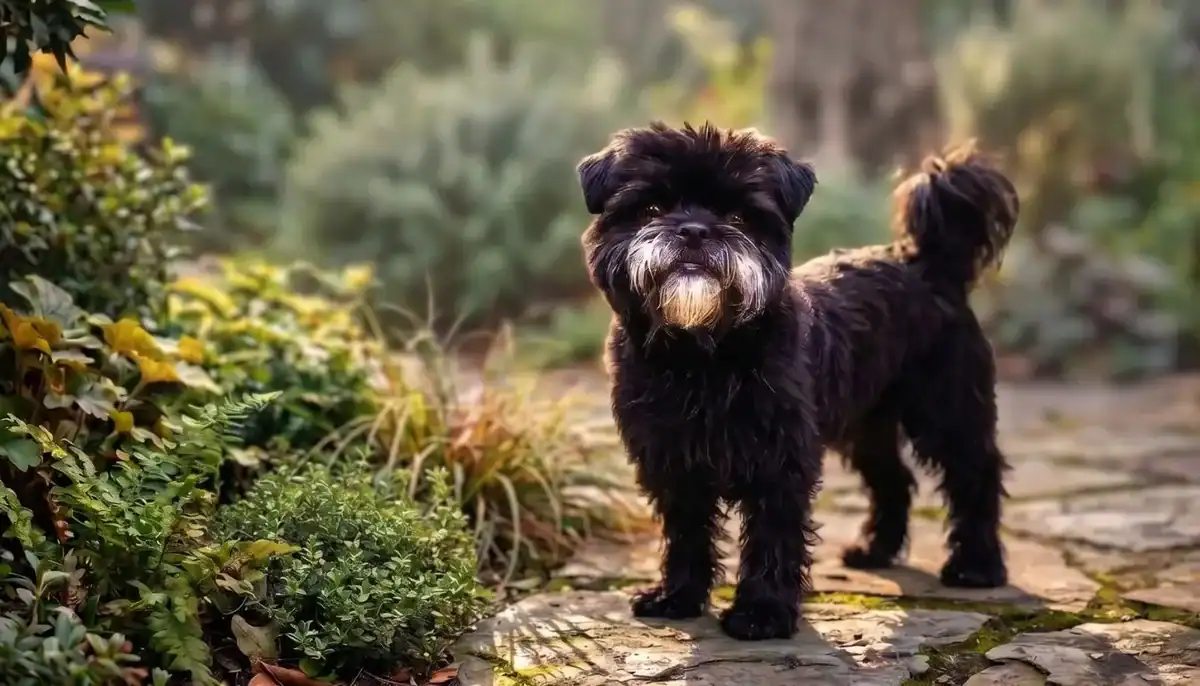 Affenpinscher dog breed standing on a stone path in a garden setting.