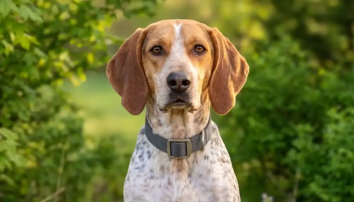 A loyal American English Coonhound with a gentle expression outdoors.