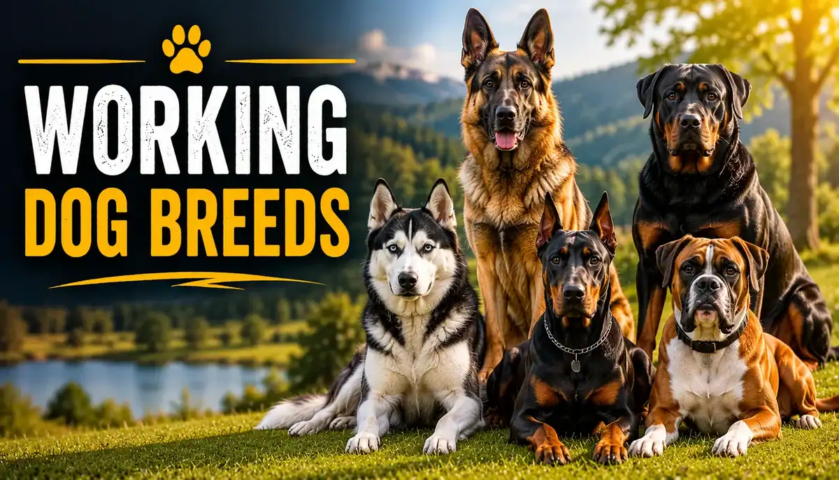 A group of various working dog breeds outdoors with a scenic lake and mountains in the background.