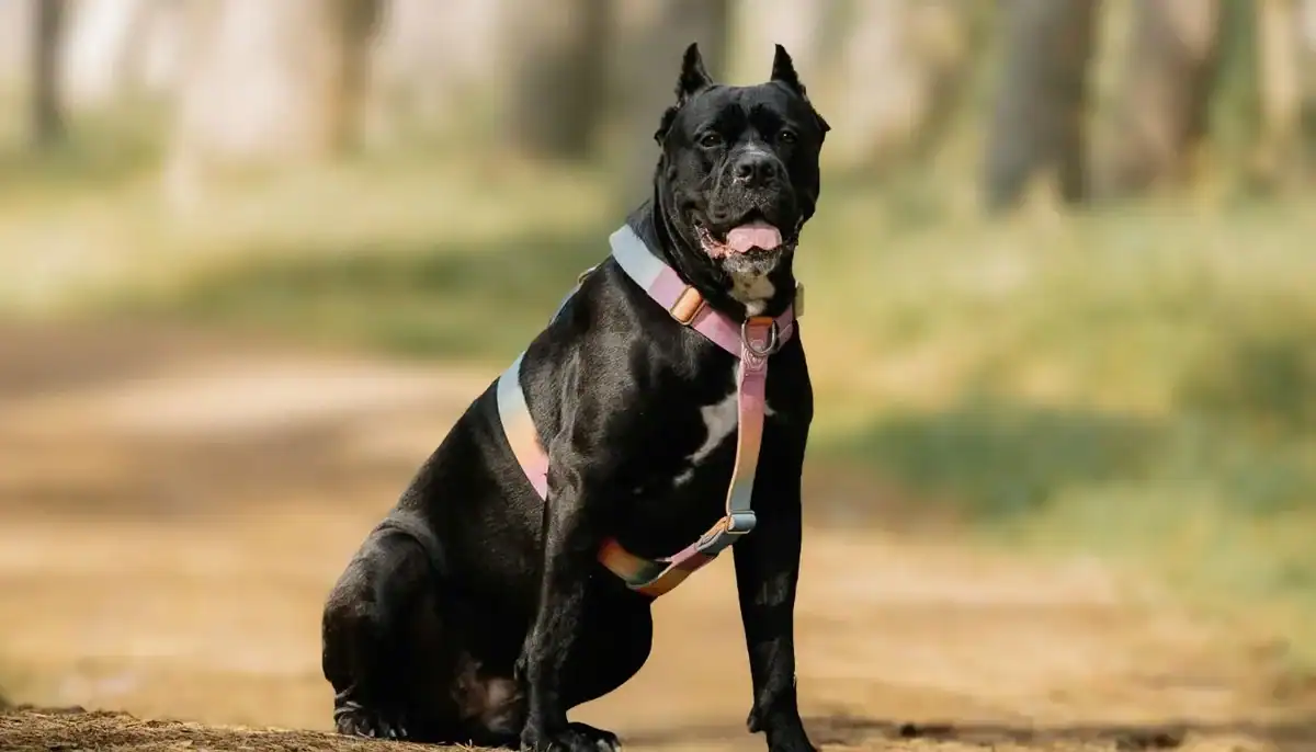 A black dog with a harness sitting outdoors on a dirt path in a park.