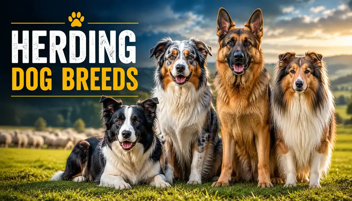 Herding dog breeds group with four different breeds outdoors in a field.