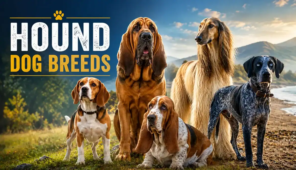 Hound dog breeds group with various hound dogs in outdoor landscape.