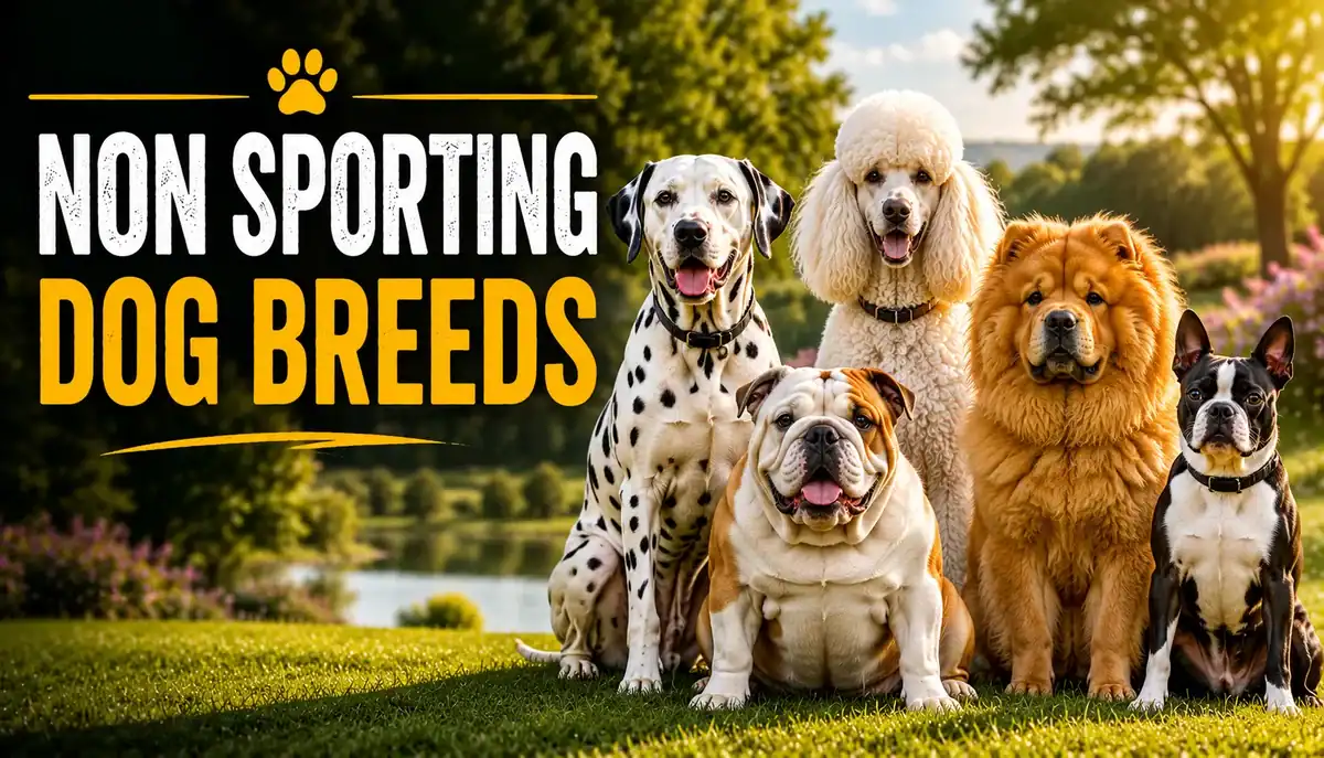 Non-sporting dog breeds group with five different breeds sitting outdoors at sunset.