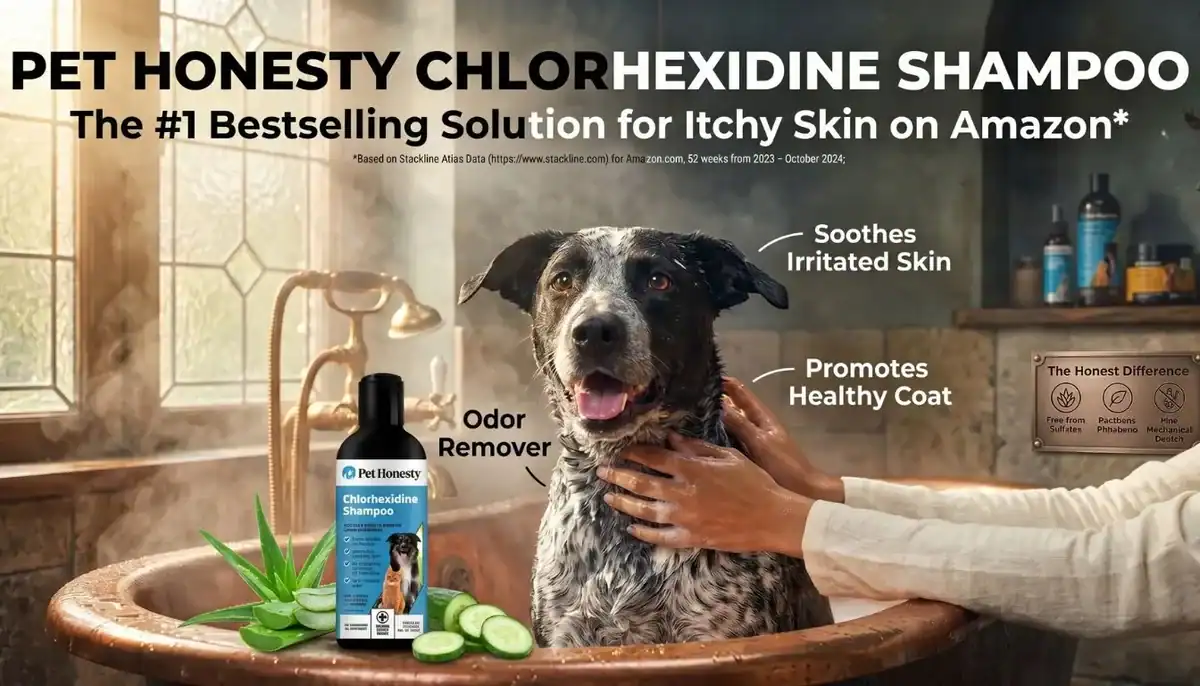 Pet Honest Chlor Hexidine Shampoo dog in bath with soothing and healing properties.
