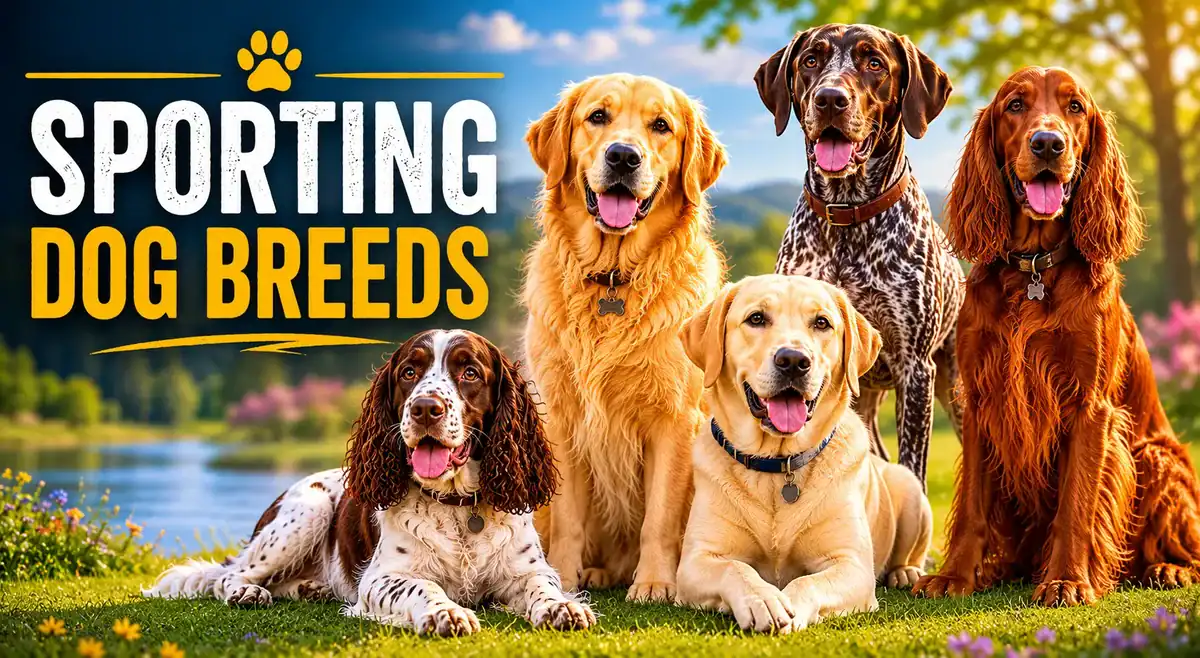 Golden retrievers, Labrador, Dalmatian, and Irish Setter dogs outdoors by lake.