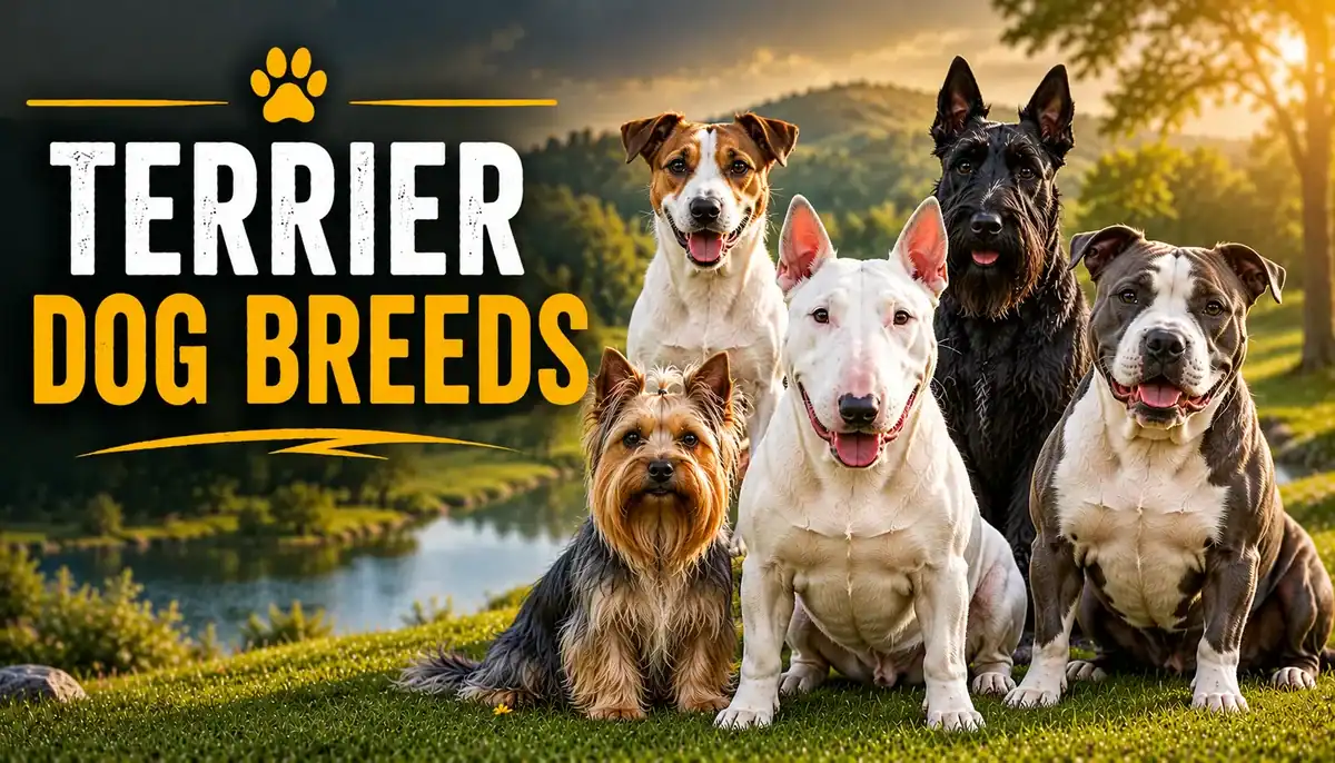A group of five various terrier dog breeds sitting outdoors near a lake at sunset.