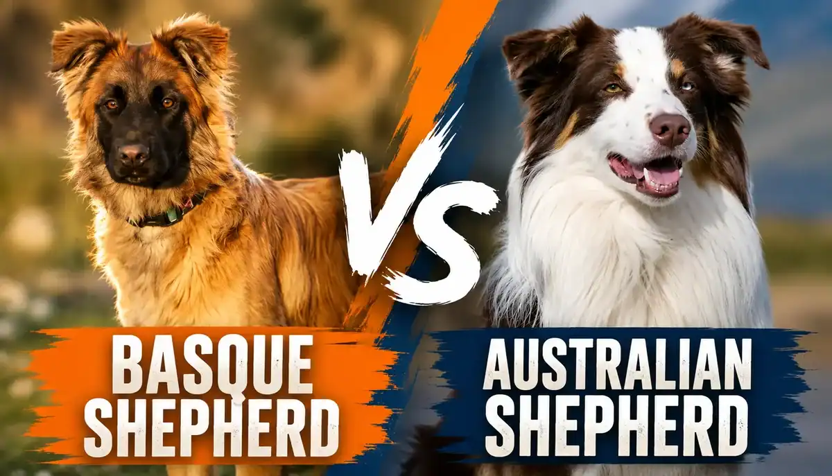 A loyal Basque Shepherd and an Australian Shepherd facing off in a comparison image.