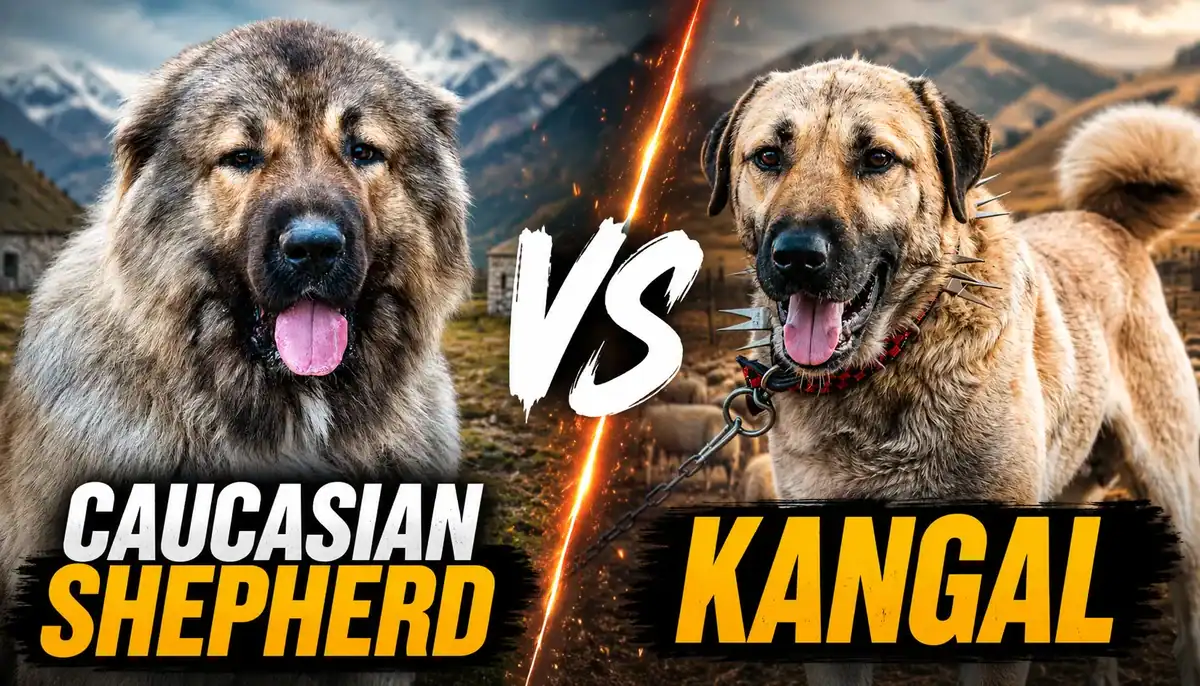 A lush mountain landscape featuring a Caucasian Shepherd and a Kangal dog facing off.