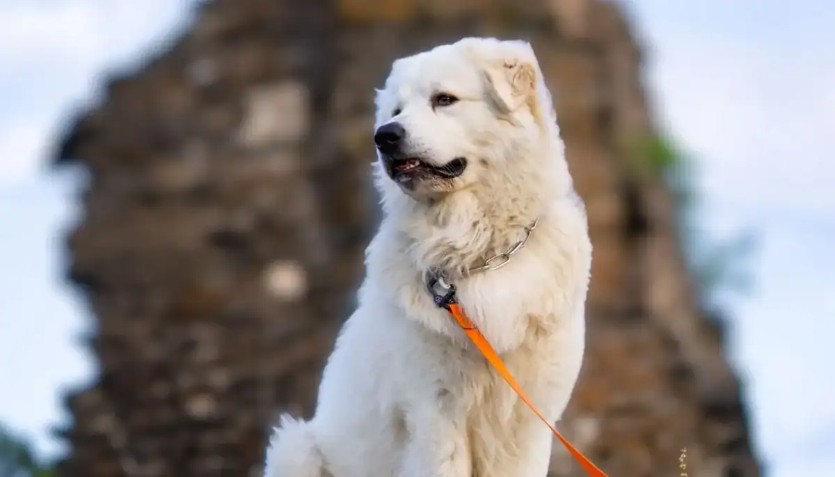 White Kuvasz dog sitting outdoors with a rocky background and a leash.