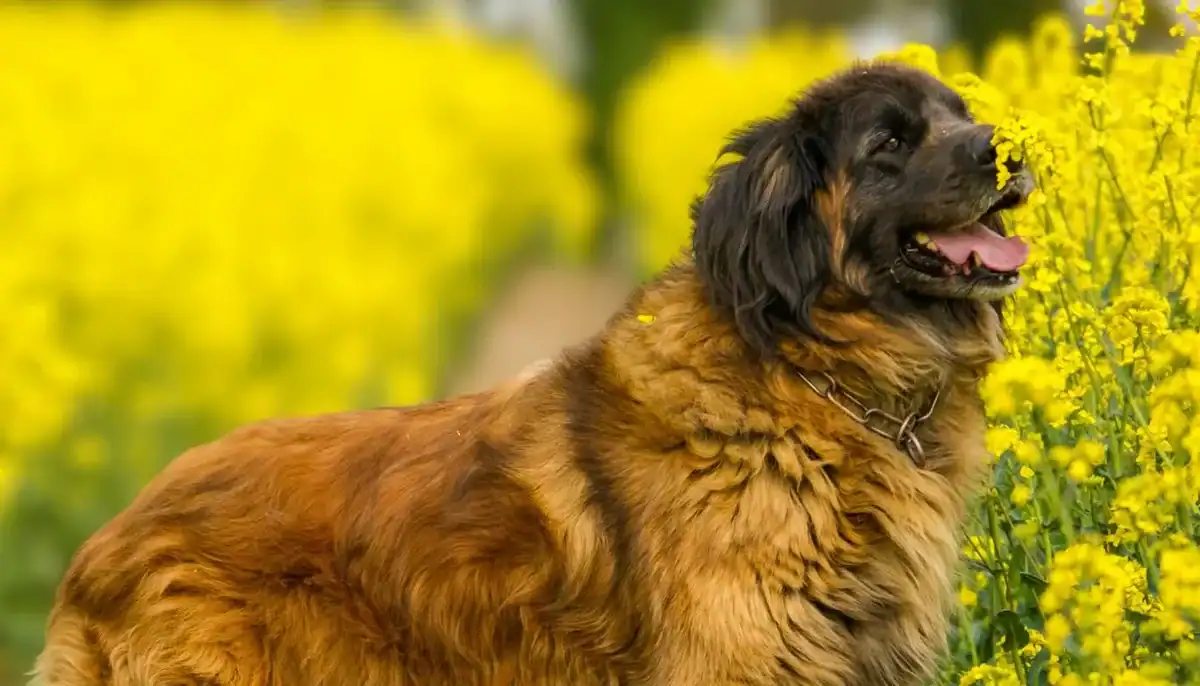 Large Leonberger dog sitting among yellow flowers in a field.