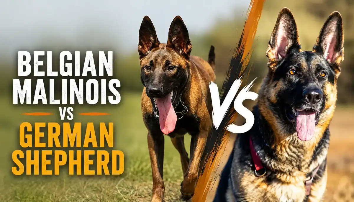 Belgian Malinois and German Shepherd dogs facing each other outdoors.
