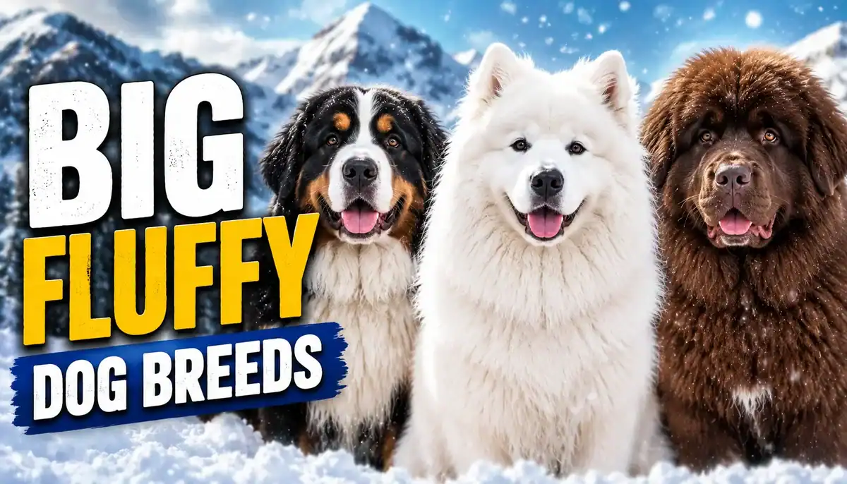 Three large fluffy dog breeds in a snowy mountain landscape.