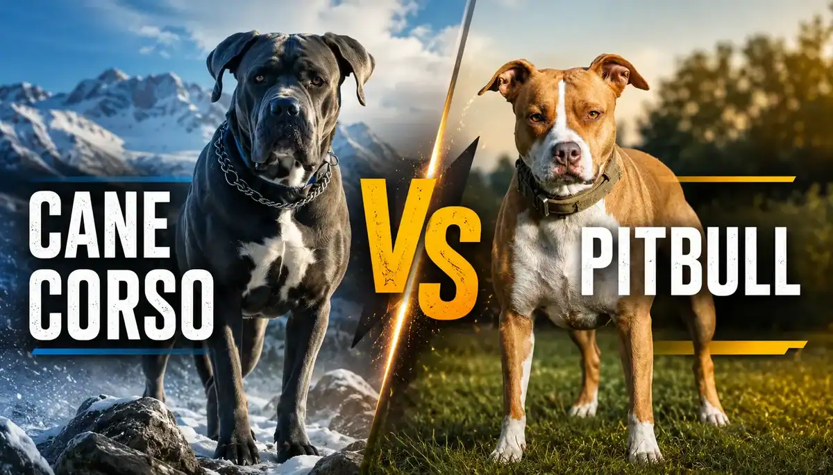 Cane Corso and Pitbull facing each other outdoors with a mountain background.