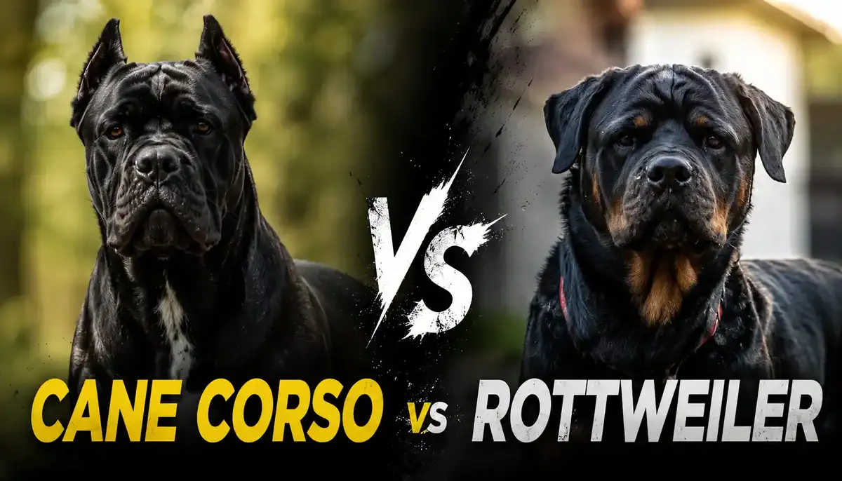 Comparison image of Cane Corso and Rottweiler dogs for breed analysis.