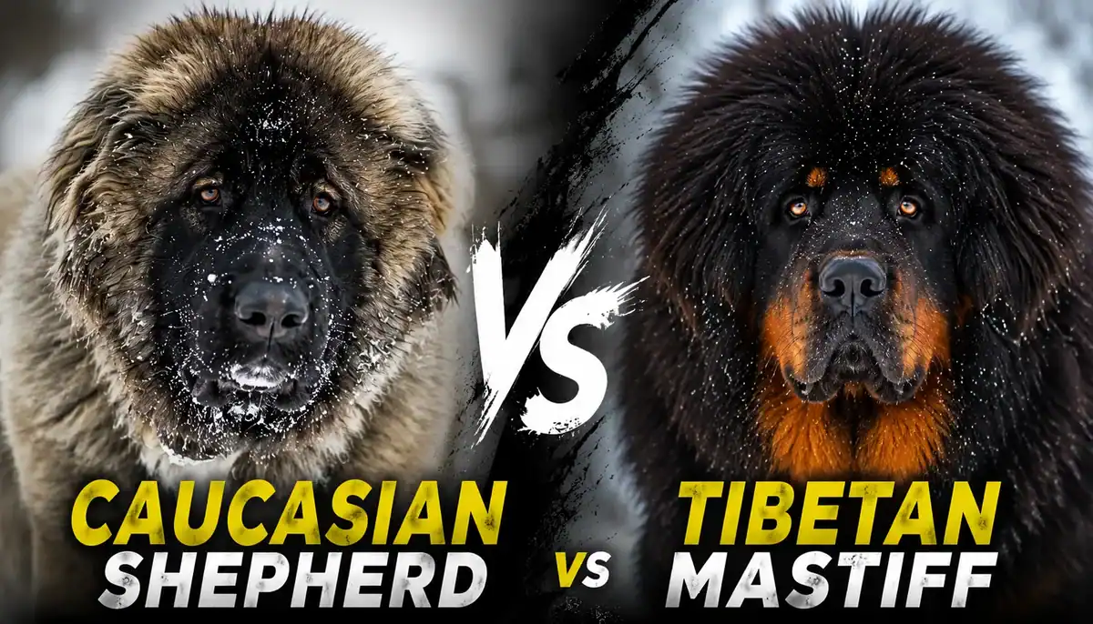 Comparison image of Caucasian Shepherd and Tibetan Mastiff dogs for breed analysis.