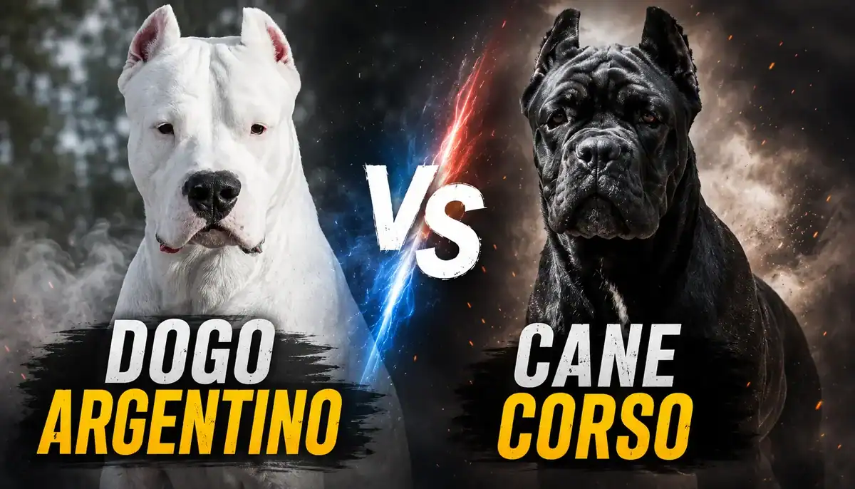 White dog with a muscular build facing a black dog with a similar build, against a cosmic background.