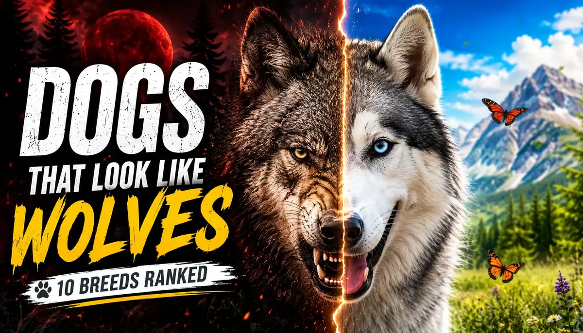 A fierce-looking dog with half wolf-like appearance, set against a scenic mountain landscape.