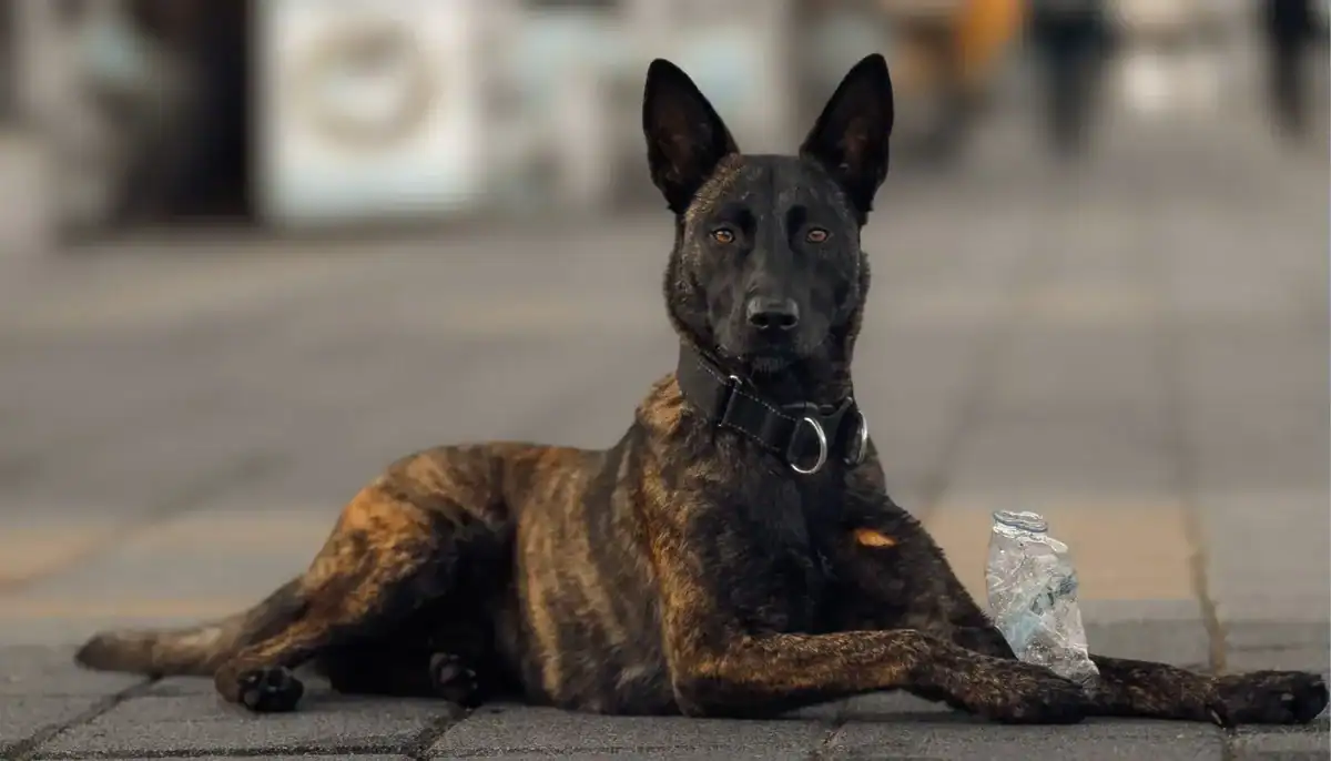 Brindle Dutch Shepherd dog lying on pavement with a water bottle nearby.