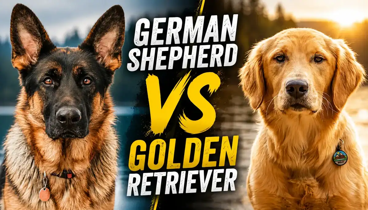 German Shepherd and Golden Retriever side by side with text comparison.