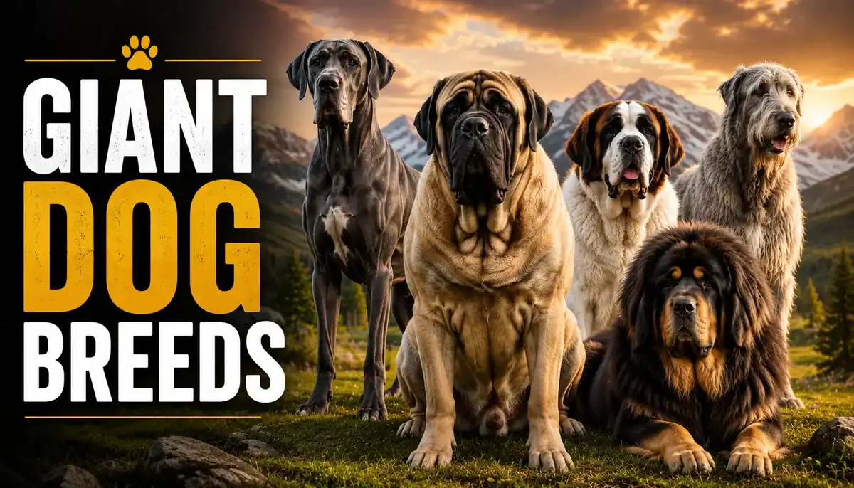 Giant dog breeds standing outdoors with mountain background at sunset.