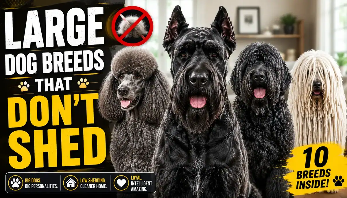 Group of large, non-shedding dog breeds including Poodle, Cane Corso, and Bearded Collie.