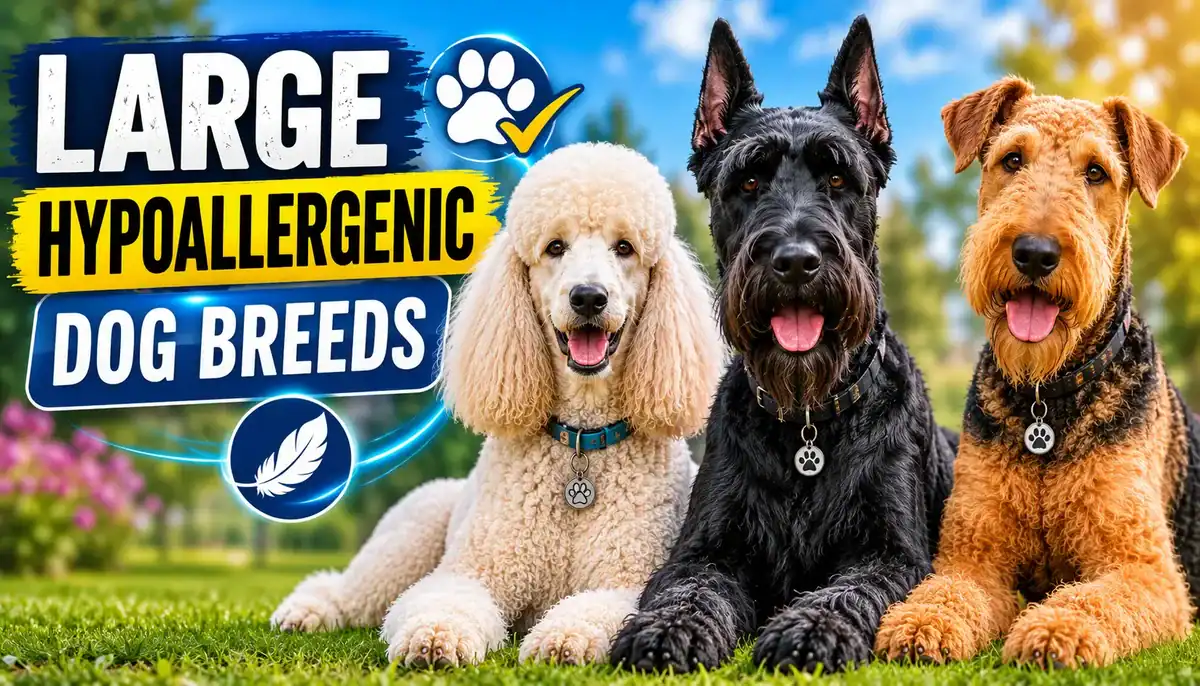 Three large hypoallergenic dog breeds sitting on grass with blue sky background.