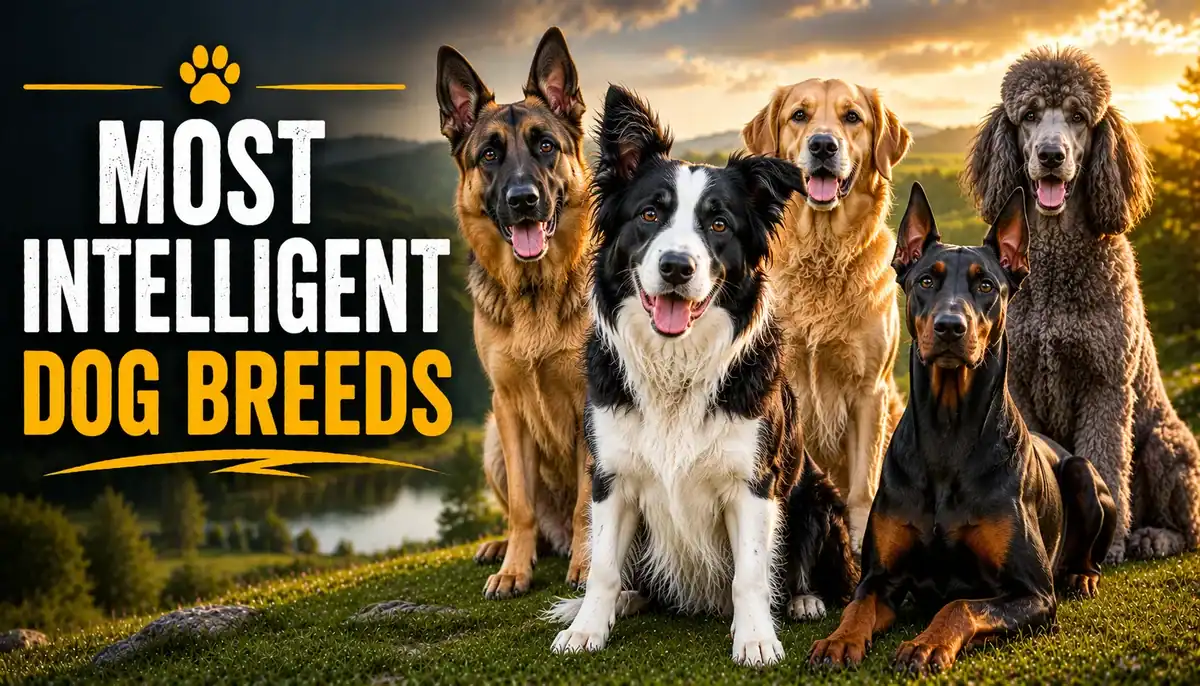 A group of various dog breeds outdoors at sunset, showcasing their diversity and intelligence.