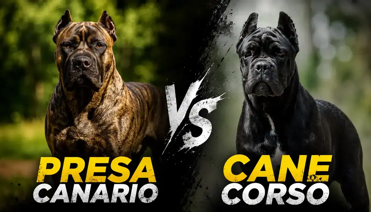 Comparison image of Presa Canario and Cane Corso dogs for breed analysis.