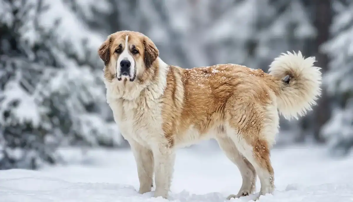 Large fluffy dog standing in snow with a thick coat and curled tail.
