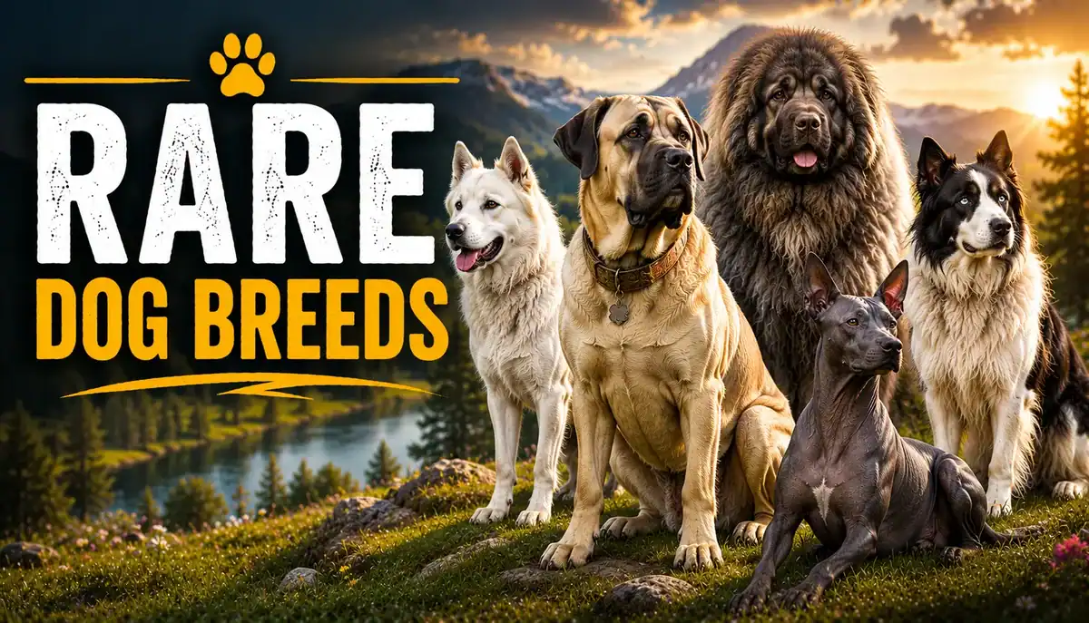Rare dog breeds group with various large and small breeds outdoors at sunset.