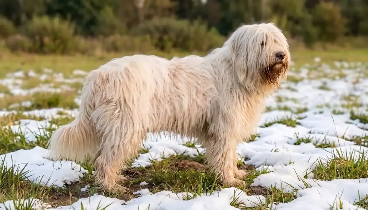 A fluffy, light-colored dog standing outdoors on a patch of snow and grass.