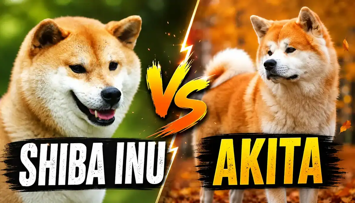 Comparison of Shiba Inu and Akita dogs in a split image with 'VS' in the center.