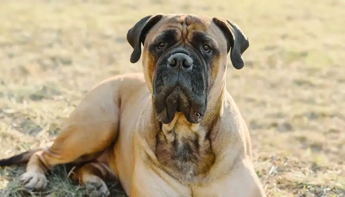 Bullmastiff dog with fawn coat lying on grass in outdoor setting.