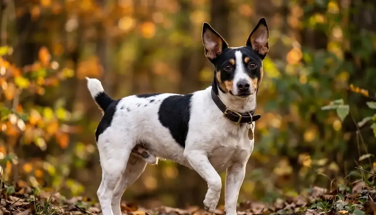 Teddy Roosevelt Terrier standing outdoors in autumn with colorful leaves.