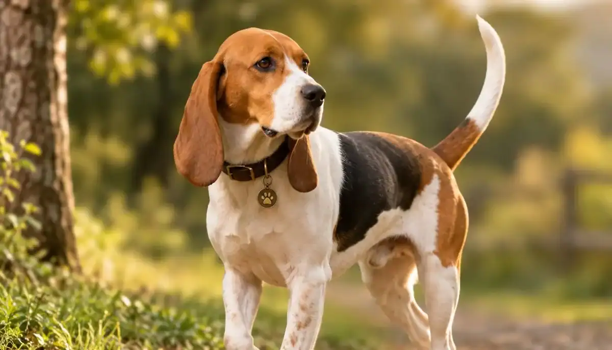 Beagle dog standing outdoors in a natural setting with trees and grass.