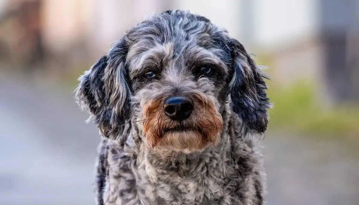 Close-up of a curly-haired Aussiedoodle puppy with brown and gray fur.
