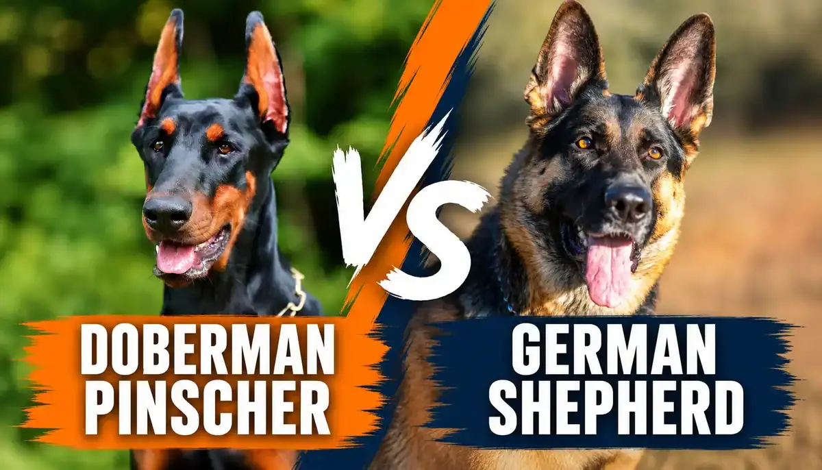 Comparison image of Doberman Pinscher and German Shepherd dogs for breed info.