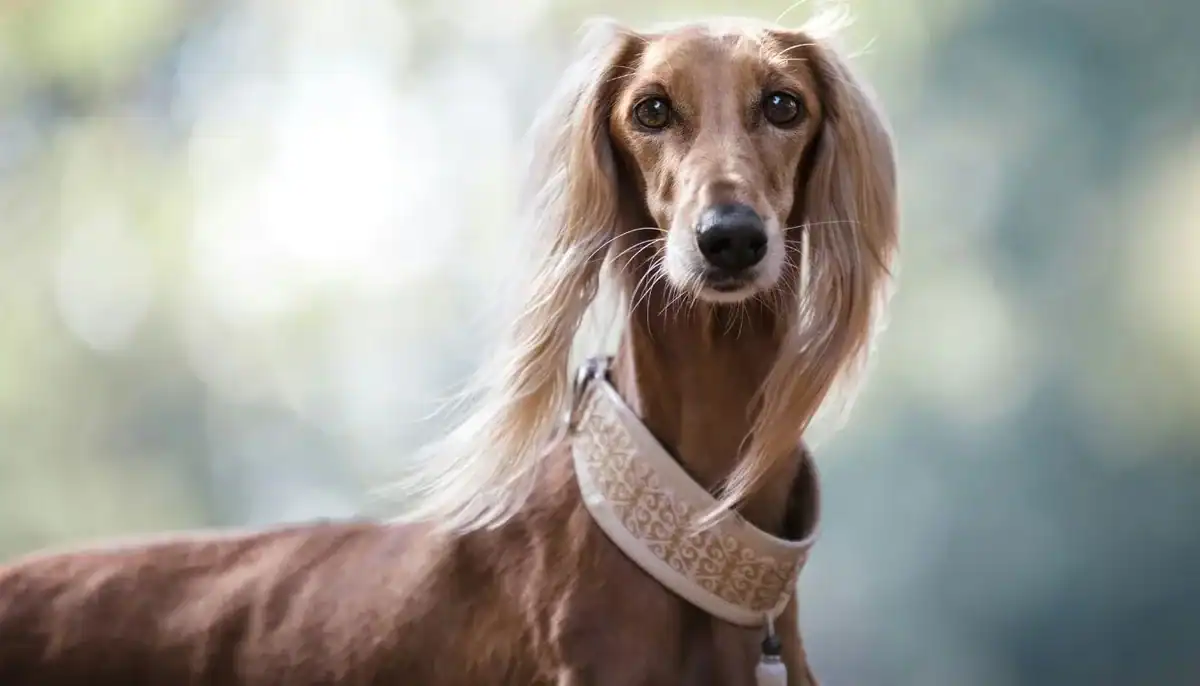 Elegant Saluki dog with long ears and slender body outdoors.