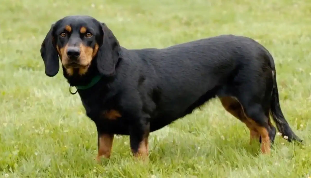 A black and tan Dachshund standing on grass, looking at the camera.