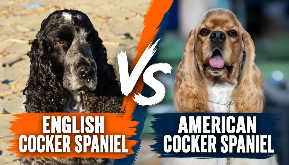 Comparison image of English Cocker Spaniel and American Cocker Spaniel with 'vs' in the center.