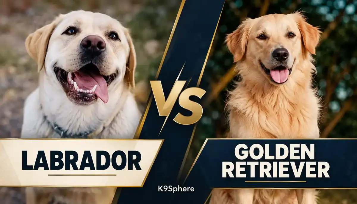 Labrador and Golden Retriever dogs face off in a comparison image.