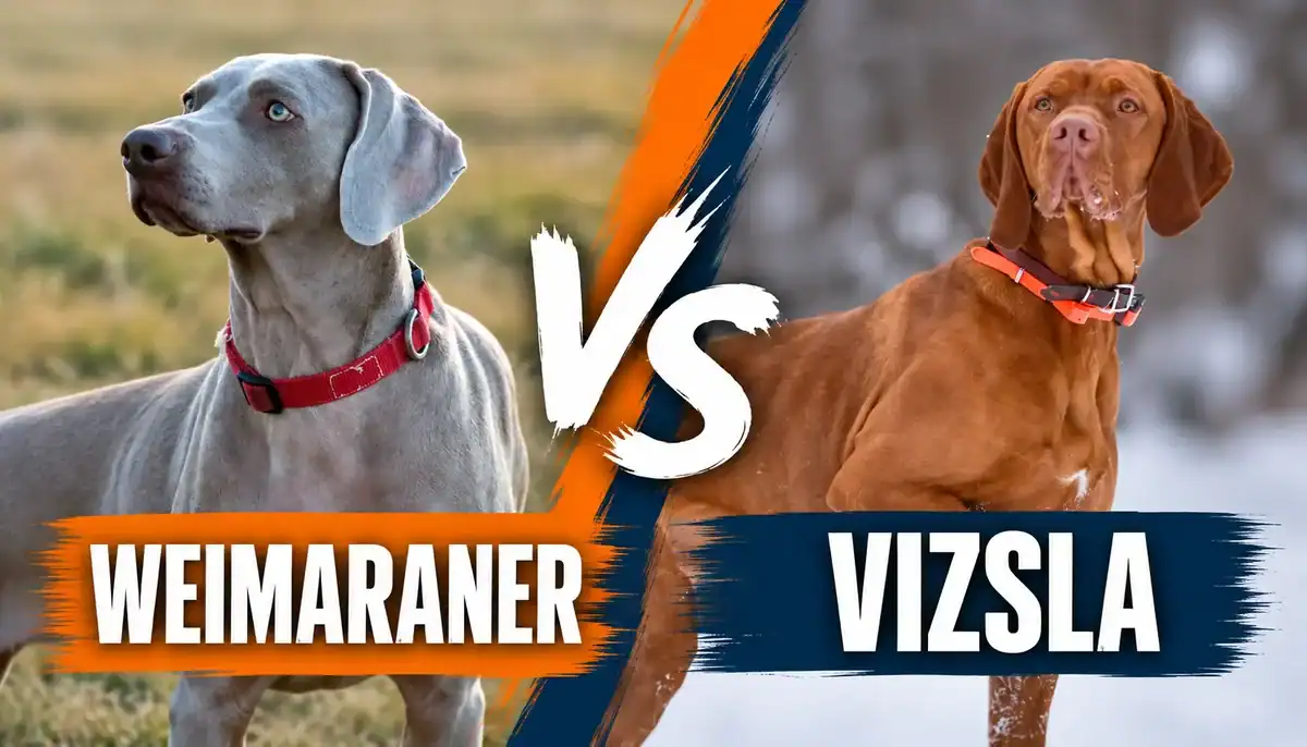 Comparison image of Weimaraner and Vizsla dogs with 'VS' in the center.