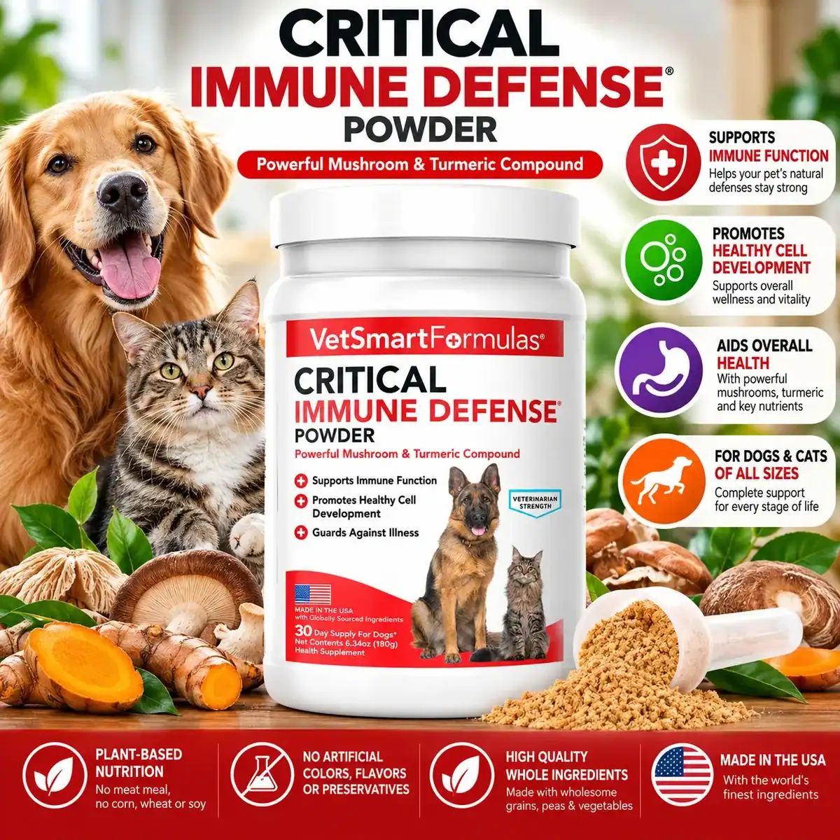Critical Immune Defense for dogs, VetSmart Formulas mushroom and turmeric powder