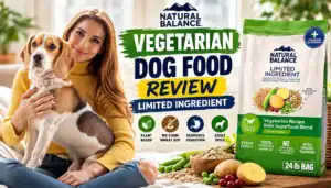 Woman with dog and Natural Balance Vegetarian Dog Food bag on table.