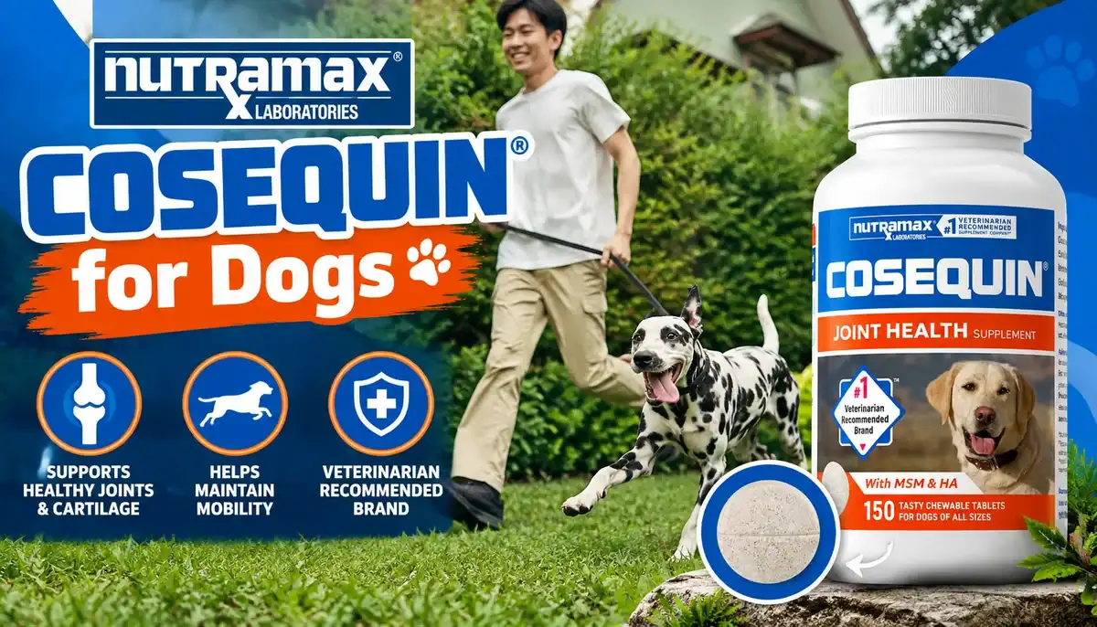 Nutramax Cosequin for Dogs joint health supplement with a man walking a Dalmatian in a park.