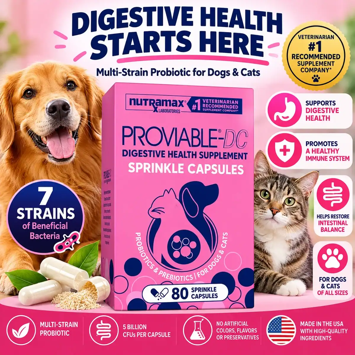 Nutramax Proviable for dogs, probiotic and prebiotic sprinkle capsules