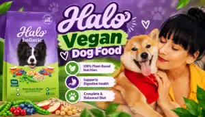 Woman with a Shiba Inu dog and Halo Vegan Dog Food packaging in the background.