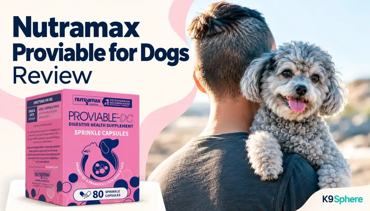 Person holding a small fluffy dog outdoors with Nutramax Proviable box in the foreground.
