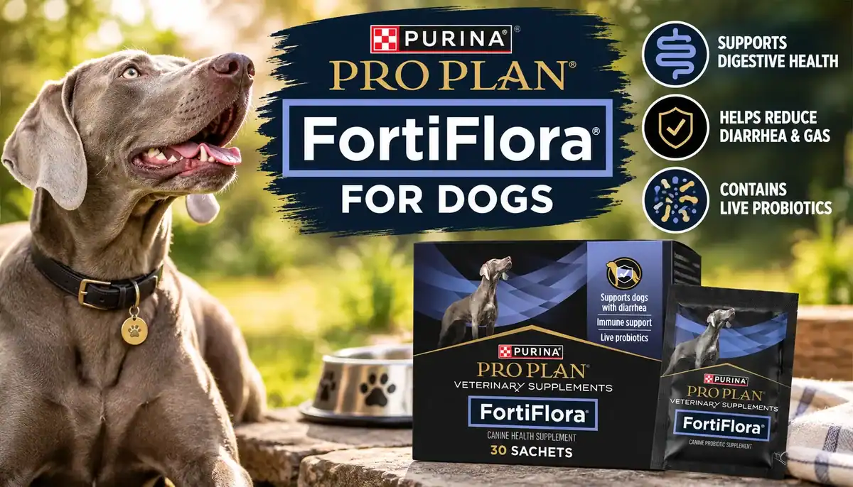Purina Pro Plan FortiFlora for Dogs probiotic supplement packaging with a dog in background.
